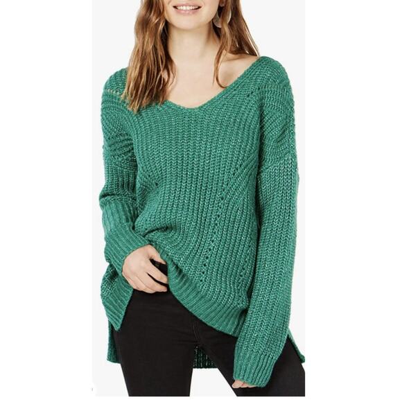 Hippie Rose Womens Green Knit V-Neck Pullover Sweater Criss Cross Back Size M - Picture 1 of 8